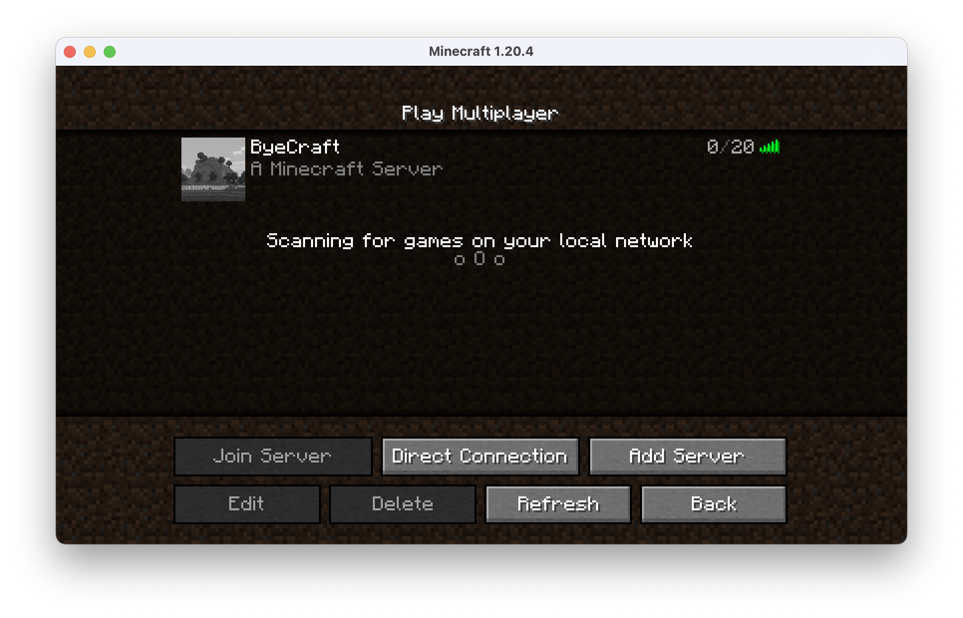 A Minecraft window showing a server with no icon, the generic MOTD and 20 available
player slots