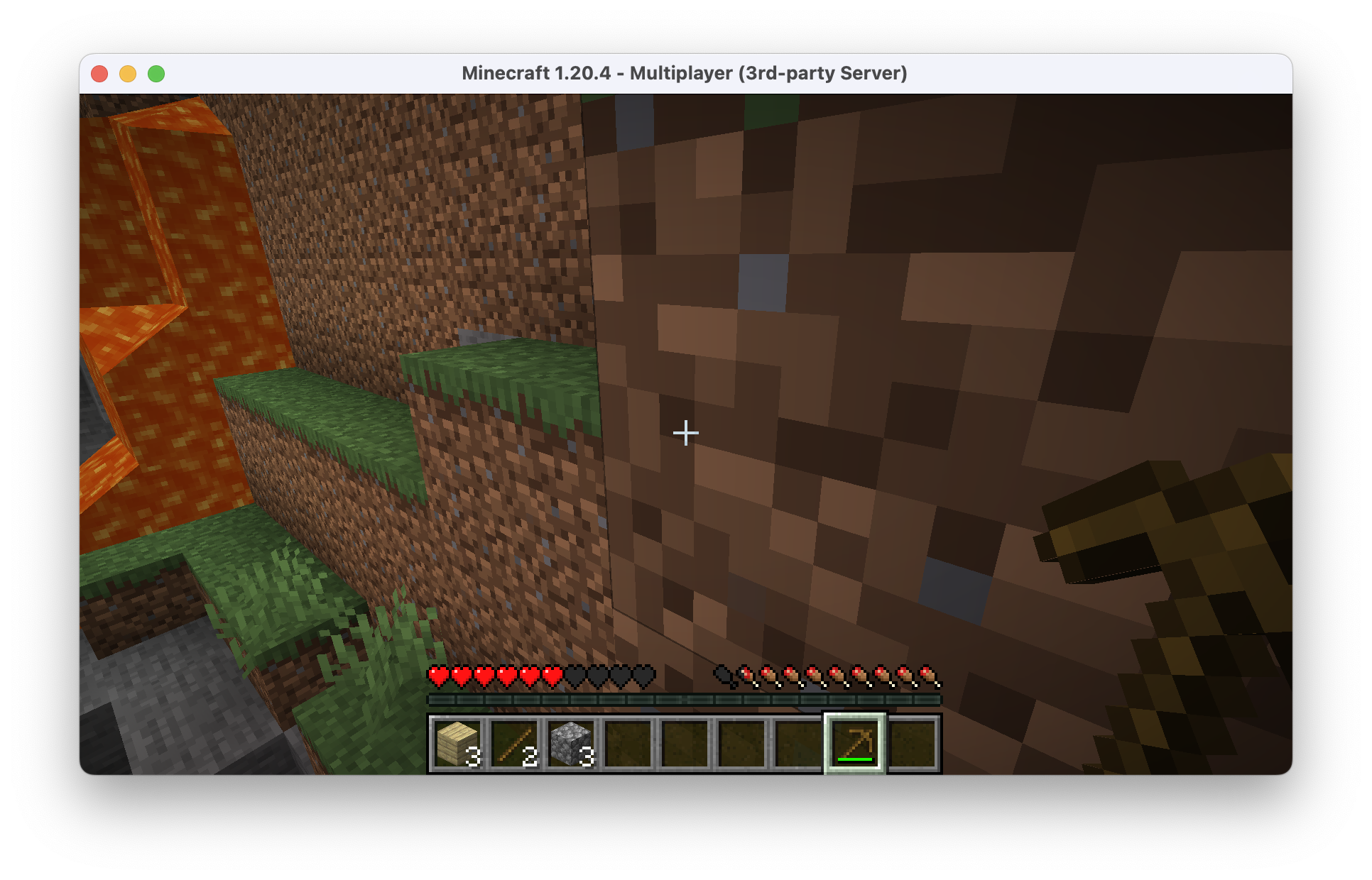 A Minecraft window connected to the server. The player is looking at a wall of dirt
while holding a wooden pickaxe